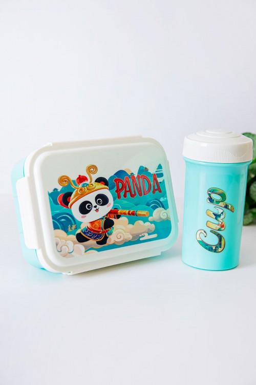 حافظة طعام مدرسية متعددة الألوان مقسمة مع ملعقة و مزينة برسومات كرتونية مع زمزمية مشروب بارد