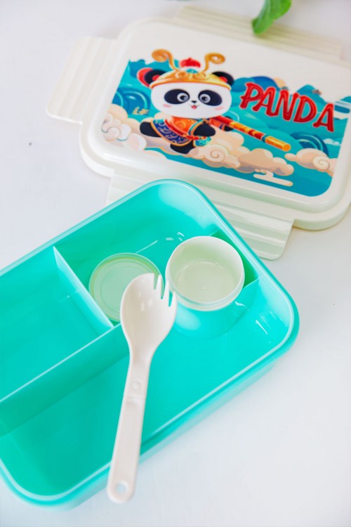 حافظة طعام مدرسية متعددة الألوان مقسمة مع ملعقة و مزينة برسومات كرتونية مع زمزمية مشروب بارد