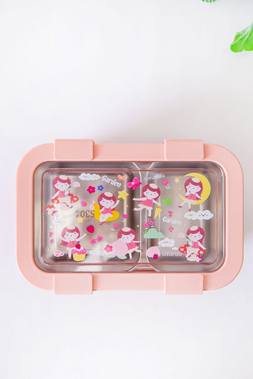 حافظة طعام مدرسية متعددة الألوان مقسمة مع ملعقة و شوكة مزينة برسومات كرتونية