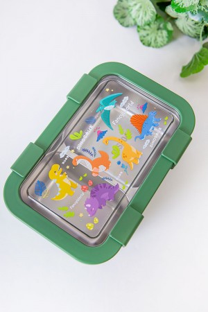 حافظة طعام مدرسية متعددة الألوان مقسمة مع ملعقة و شوكة مزينة برسومات كرتونية 