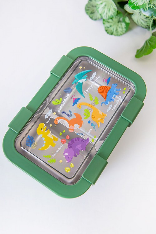 حافظة طعام مدرسية متعددة الألوان مقسمة مع ملعقة و شوكة مزينة برسومات كرتونية