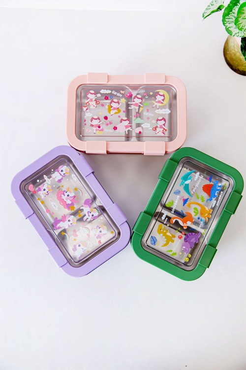 حافظة طعام مدرسية متعددة الألوان مقسمة مع ملعقة و شوكة مزينة برسومات كرتونية