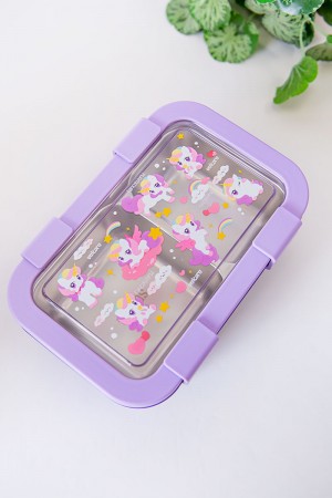 حافظة طعام مدرسية متعددة الألوان مقسمة مع ملعقة و شوكة مزينة برسومات كرتونية 