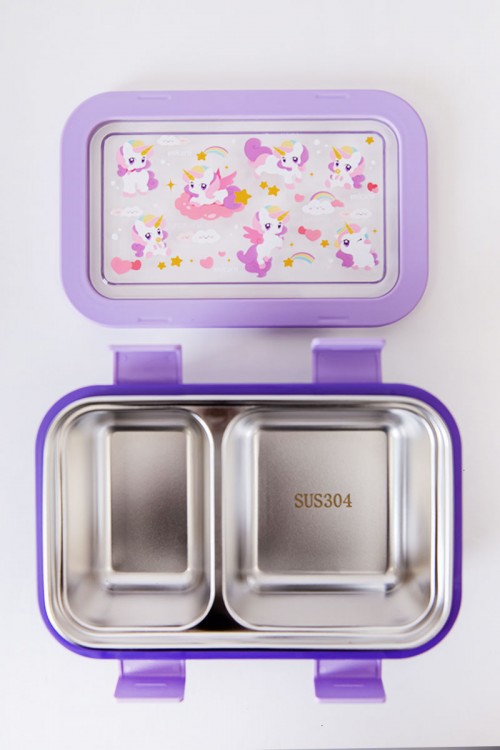 حافظة طعام مدرسية متعددة الألوان مقسمة مع ملعقة و شوكة مزينة برسومات كرتونية