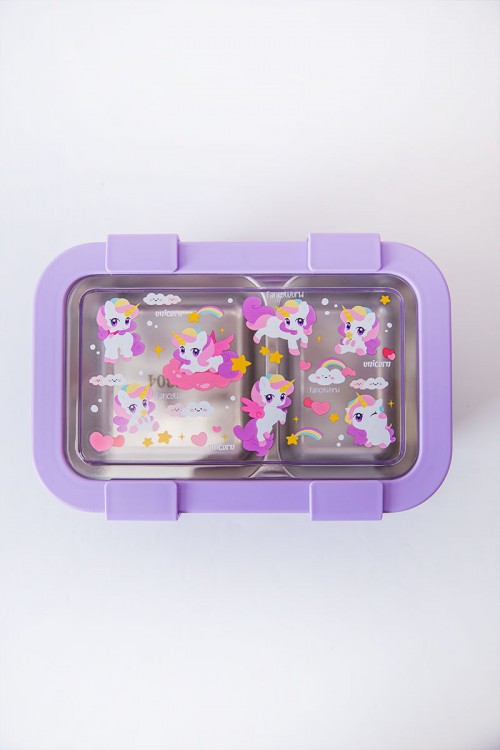 حافظة طعام مدرسية متعددة الألوان مقسمة مع ملعقة و شوكة مزينة برسومات كرتونية