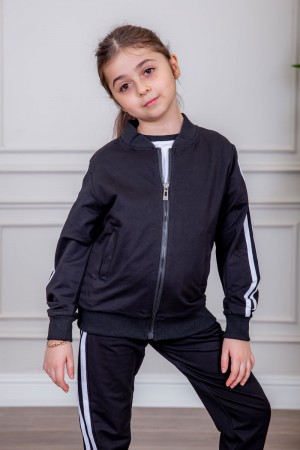 طقم رياضي بناتي مدارس 3 قطع لون أسود تيشيرت أبيض داخلي و جاكيت ذو أكمام طويلة بسحاب و جيوب من الأمام و بنطلون برباط و زم من الأسفل