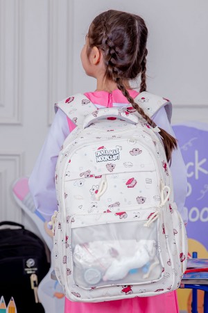 شنطة ظهر مدرسية بناتي لون بيج مزينة برسومات ملونة و بجيوب متعددة مع مقلمة 