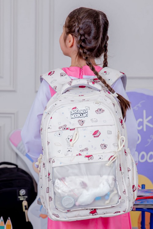 شنطة ظهر مدرسية بناتي لون بيج مزينة برسومات ملونة و بجيوب متعددة مع مقلمة