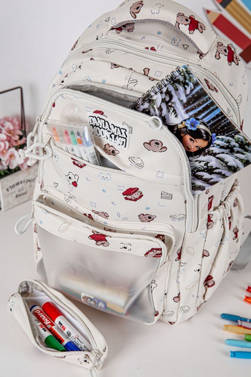 شنطة ظهر مدرسية بناتي لون بيج مزينة برسومات ملونة و بجيوب متعددة مع مقلمة