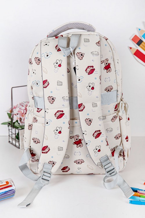 شنطة ظهر مدرسية بناتي لون بيج مزينة برسومات ملونة و بجيوب متعددة مع مقلمة