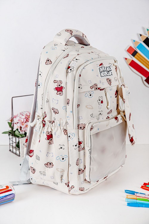 شنطة ظهر مدرسية بناتي لون بيج مزينة برسومات ملونة و بجيوب متعددة مع مقلمة