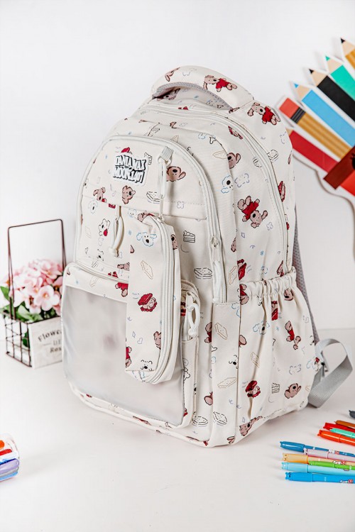 شنطة ظهر مدرسية بناتي لون بيج مزينة برسومات ملونة و بجيوب متعددة مع مقلمة