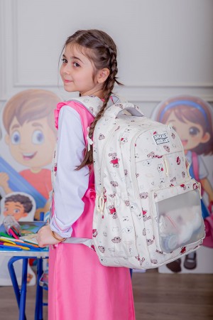 شنطة ظهر مدرسية بناتي لون بيج مزينة برسومات ملونة و بجيوب متعددة مع مقلمة 