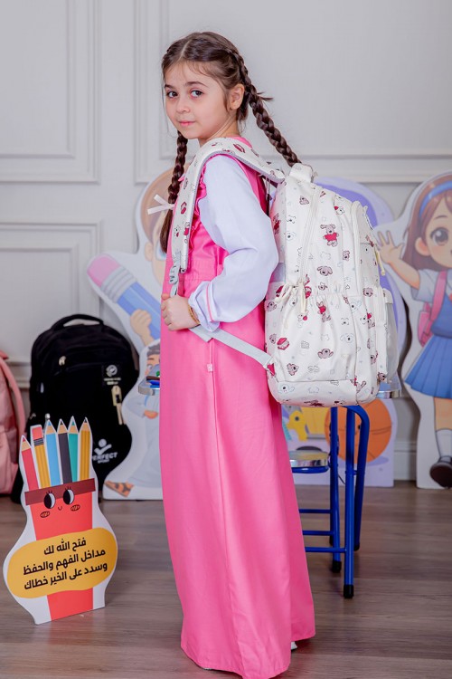 شنطة ظهر مدرسية بناتي لون بيج مزينة برسومات ملونة و بجيوب متعددة مع مقلمة