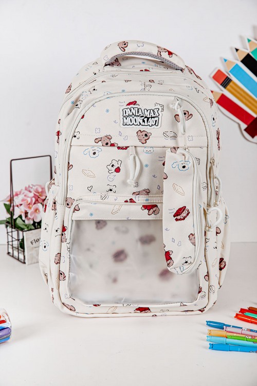 شنطة ظهر مدرسية بناتي لون بيج مزينة برسومات ملونة و بجيوب متعددة مع مقلمة