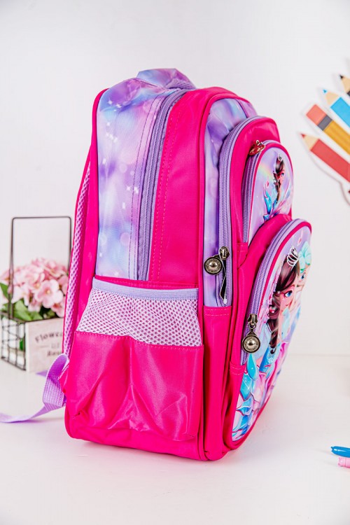 شنطة ظهر مدرسية بناتي لون وردي مزينة برسومات كرتونية ملونة و بجيوب متعددة
