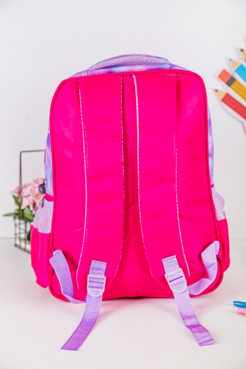 شنطة ظهر مدرسية بناتي لون وردي مزينة برسومات كرتونية ملونة و بجيوب متعددة