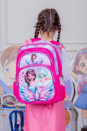 شنطة ظهر مدرسية بناتي لون وردي مزينة برسومات كرتونية ملونة و بجيوب متعددة