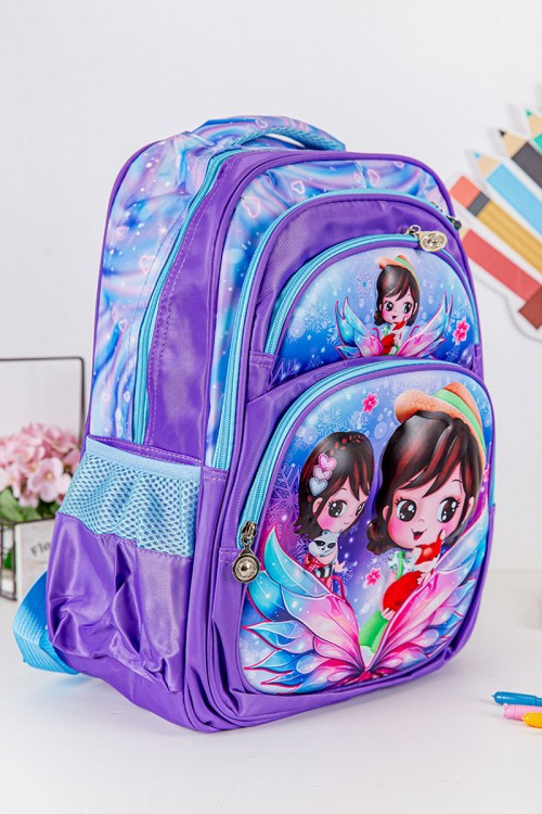 شنطة ظهر مدرسية بناتي لون موف مزينة برسومات كرتونية ملونة و بجيوب متعددة