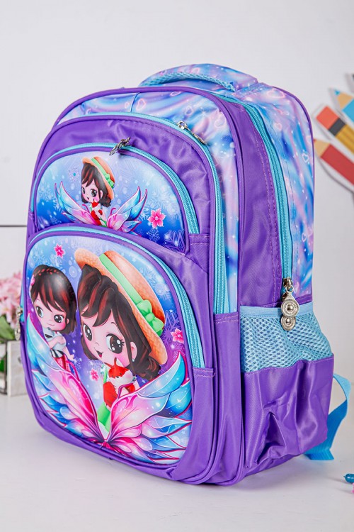 شنطة ظهر مدرسية بناتي لون موف مزينة برسومات كرتونية ملونة و بجيوب متعددة