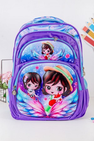 شنطة ظهر مدرسية بناتي لون موف مزينة برسومات كرتونية ملونة و بجيوب متعددة