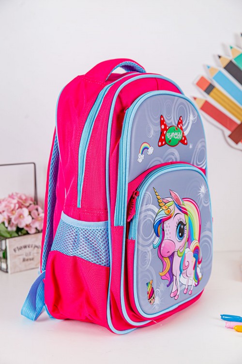 شنطة ظهر مدرسية بناتي لون وردي مزينة بشخصية يونيكورن كرتونية و بجيوب متعددة