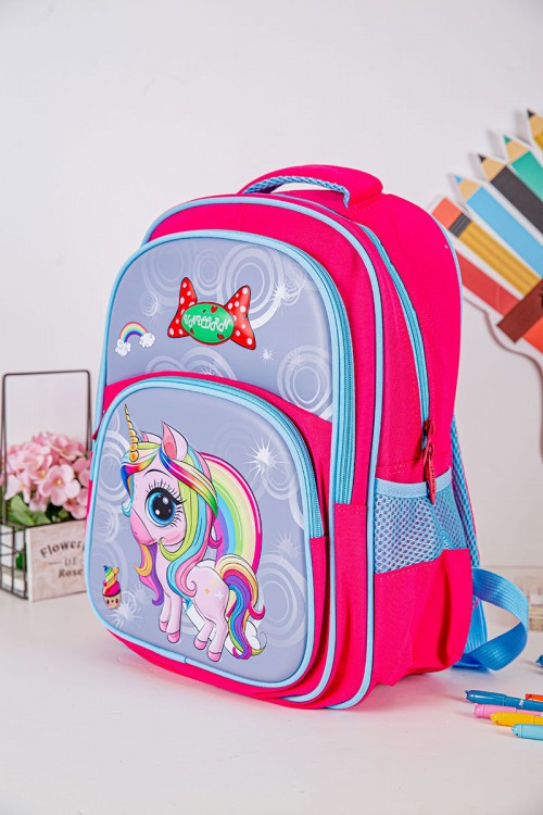 شنطة ظهر مدرسية بناتي لون وردي مزينة بشخصية يونيكورن كرتونية و بجيوب متعددة