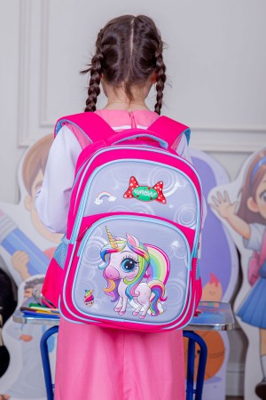 شنطة ظهر مدرسية بناتي لون وردي مزينة بشخصية يونيكورن كرتونية و بجيوب متعددة