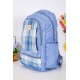 شنطة ظهر مدرسية لون سماوي مزينة بقماش مربعات من الأمام و بجيوب متعددة