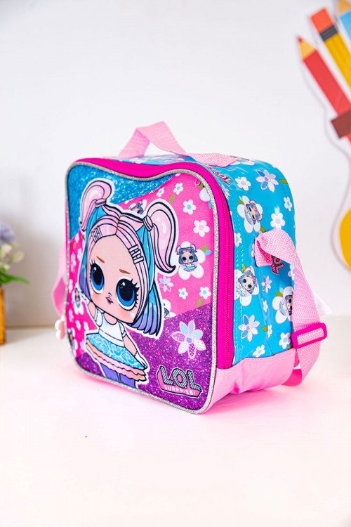 شنطة طعام بناتي لون وردي و سماوي مزينة بشخصية لول الكرتونية