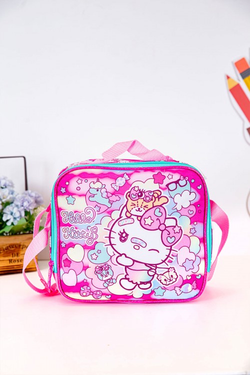 شنطة طعام بناتي مزيج من اللون الوردي الفاتح و الغامق مزينة بشخصية لولو كاتي الكرتونية