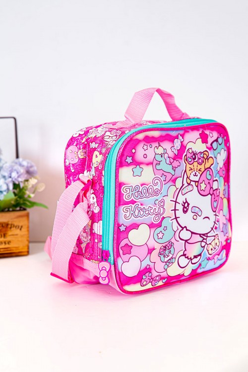 شنطة طعام بناتي مزيج من اللون الوردي الفاتح و الغامق مزينة بشخصية لولو كاتي الكرتونية