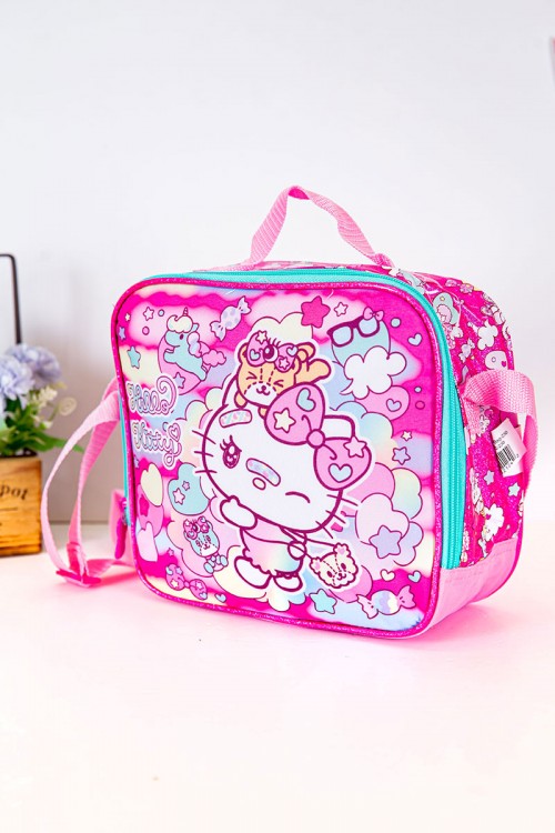 شنطة طعام بناتي مزيج من اللون الوردي الفاتح و الغامق مزينة بشخصية لولو كاتي الكرتونية