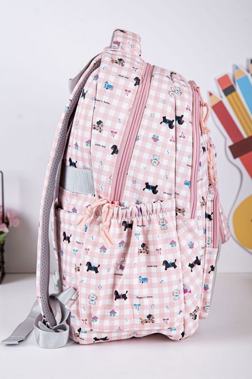 شنطة ظهر مدرسية بناتي متعدد الألوان مزينة برسومات ملونة و بجيوب متعددة مع مقلمة