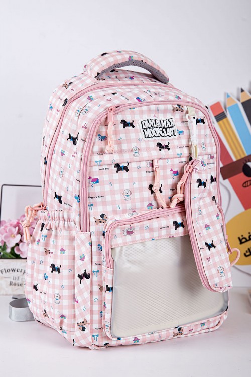 شنطة ظهر مدرسية بناتي متعدد الألوان مزينة برسومات ملونة و بجيوب متعددة مع مقلمة