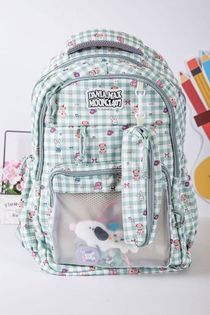 شنطة ظهر مدرسية بناتي متعدد الألوان مزينة برسومات ملونة و بجيوب متعددة مع مقلمة