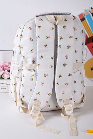 شنطة ظهر مدرسية بناتي لون بيج فاتح مزينة بورود و بجيوب متعددة مع مقلمة