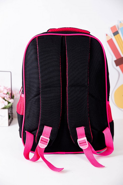 شنطة ظهر مدرسية بناتي لون أسود بحواف وردية مزينة برسومات ملونة و بجيوب متعددة
