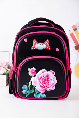 شنطة ظهر مدرسية بناتي لون أسود بحواف وردية مزينة برسومات ملونة و بجيوب متعددة