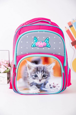 شنطة ظهر مدرسية بناتي لون وردي بحواف سماوي مزينة برسومات ملونة و بجيوب متعددة