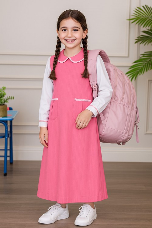 مريول بناتي مدرسي لون وردي مع قميص أبيض متصل بياقة مطوية و جيوب من الأمام و سحاب و رباط في الخلف