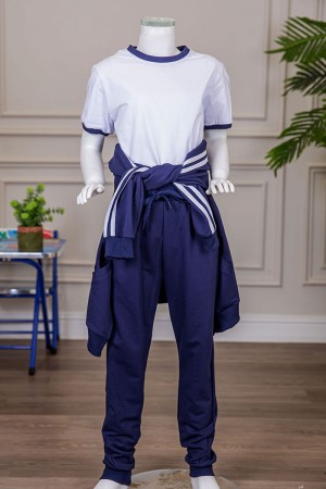 طقم رياضي بناتي مدارس 3 قطع لون كحلي تيشيرت أبيض داخلي و جاكيت ذو أكمام طويلة بسحاب و جيوب من الأمام و بنطلون برباط و زم من الأسفل