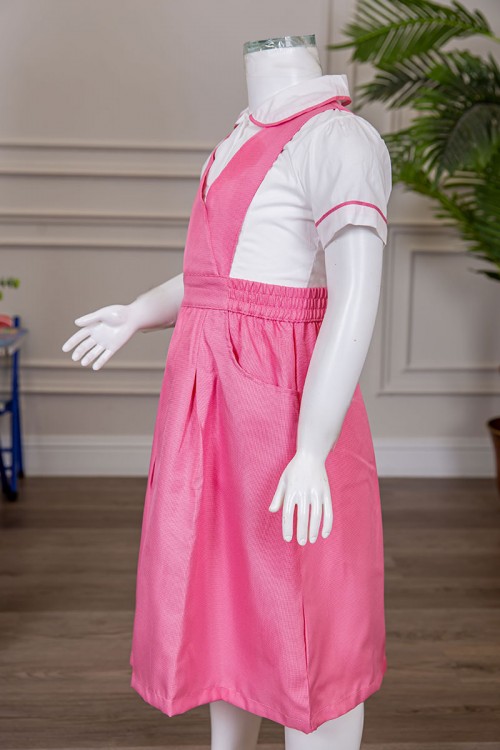 مريول مدرسي بناتي قطعتين لون وردي ياقة قصة سبعة بخصر مزموم