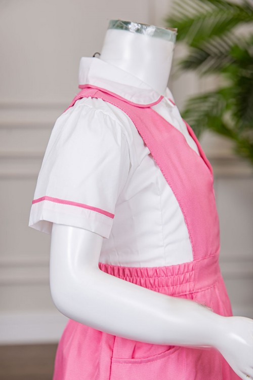 مريول مدرسي بناتي قطعتين لون وردي ياقة قصة سبعة بخصر مزموم