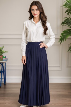 مريول بناتي مدرسي مرحلة الثانوي قطعتين قميص أبيض بياقة مطوية و بأزرار من الأمام و الأكمام و تنورة لون كحلي بكسرات و خصر مزموم 