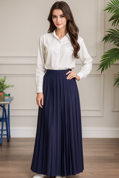 مريول بناتي مدرسي مرحلة الثانوي قطعتين قميص أبيض بياقة مطوية و بأزرار من الأمام و الأكمام و تنورة لون كحلي بكسرات و خصر مزموم