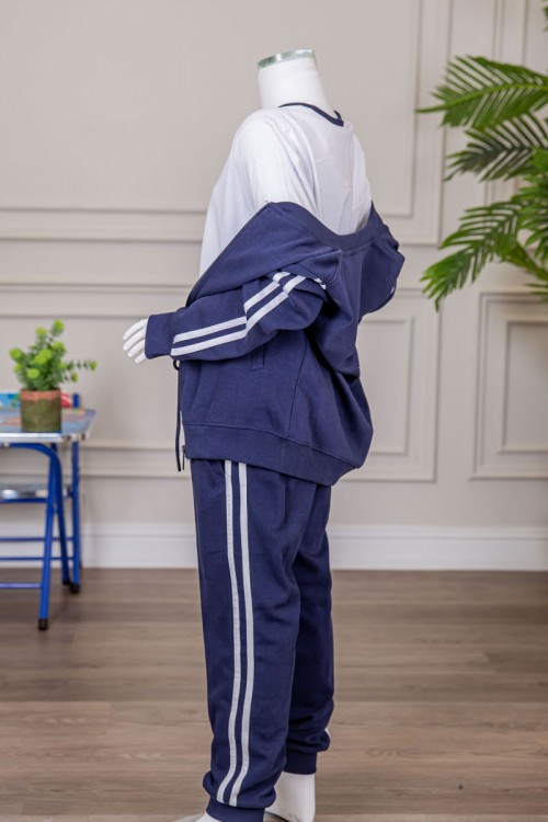 طقم رياضي بناتي مدارس 3 قطع لون كحلي تيشيرت أبيض داخلي و جاكيت ذو أكمام طويلة بسحاب و جيوب من الأمام و بنطلون برباط و زم من الأسفل