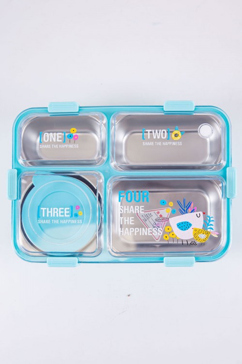 حافظة طعام مدرسية لون سماوي مقسمة و مزينة بكتابات و رسومات مع ملعقة و عيدان معدنية