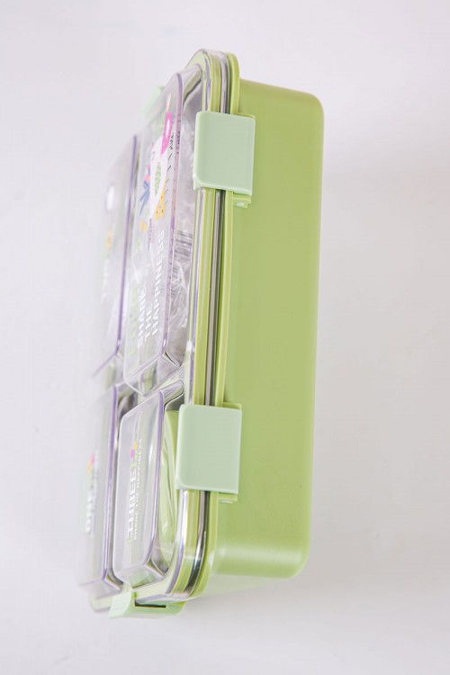 حافظة طعام مدرسية متعددة الألوان مقسمة و مزينة بكتابات و رسومات مع ملعقة و عيدان معدنية