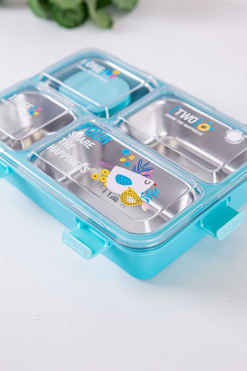 حافظة طعام مدرسية متعددة الألوان مقسمة و مزينة بكتابات و رسومات مع ملعقة و عيدان معدنية